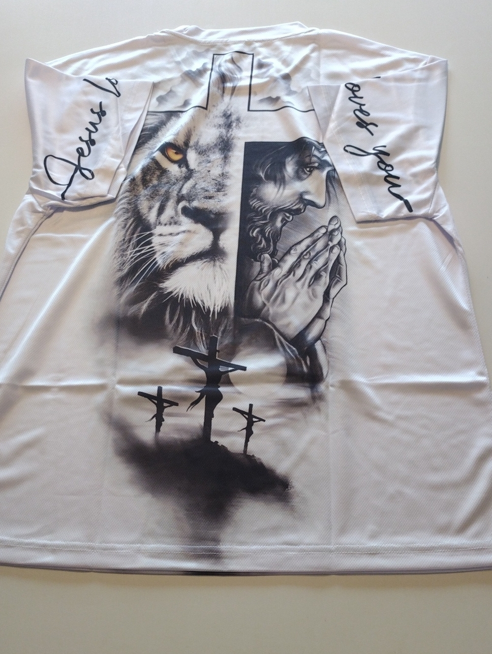 White Christian Graphic Tee with Lion and Praying Jesus Mens/Women's (L) BOGO